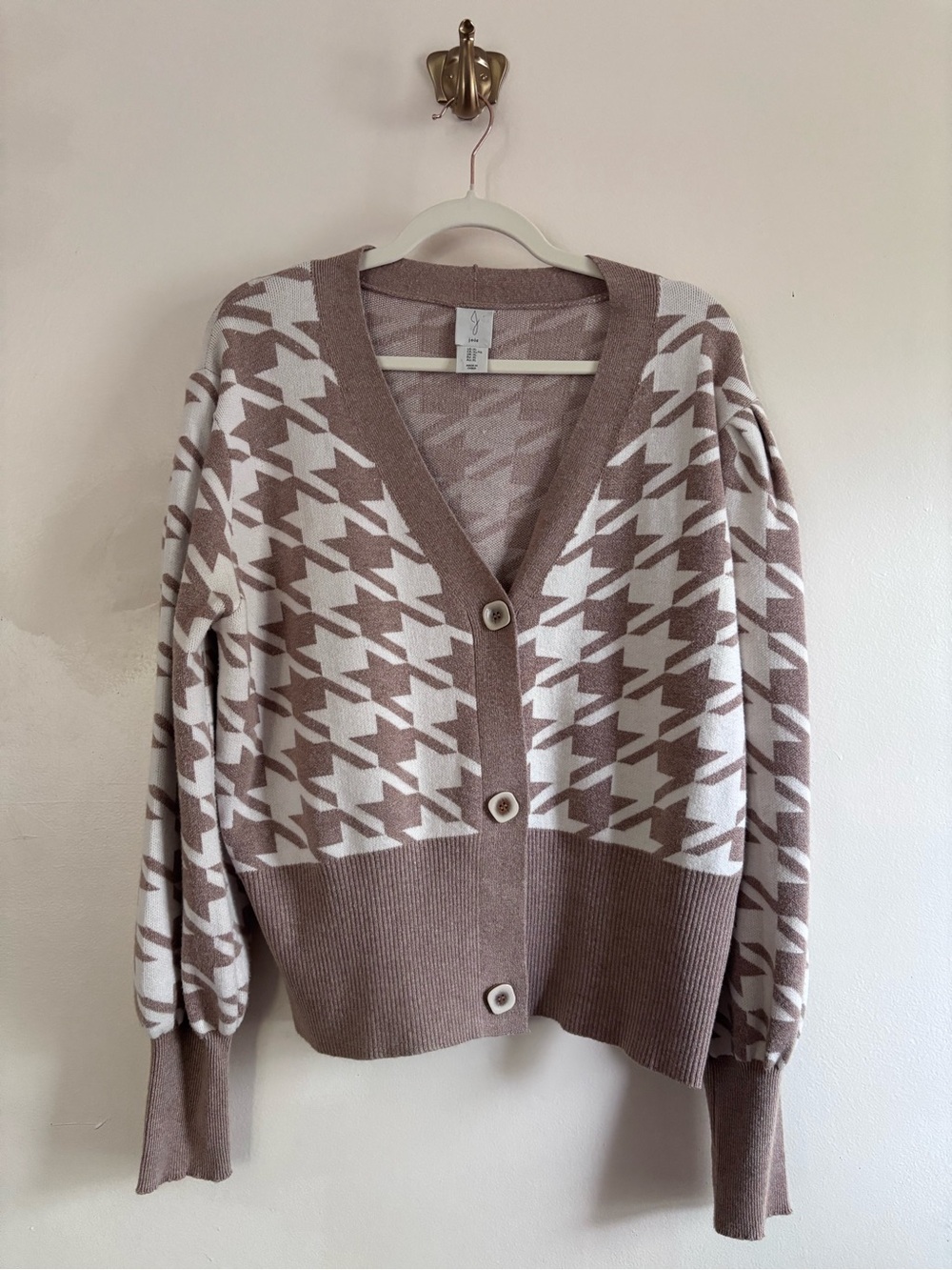 Joie Taupe & Cream Houndstooth Button Front Cardigan Preppy Fall Sweater XL